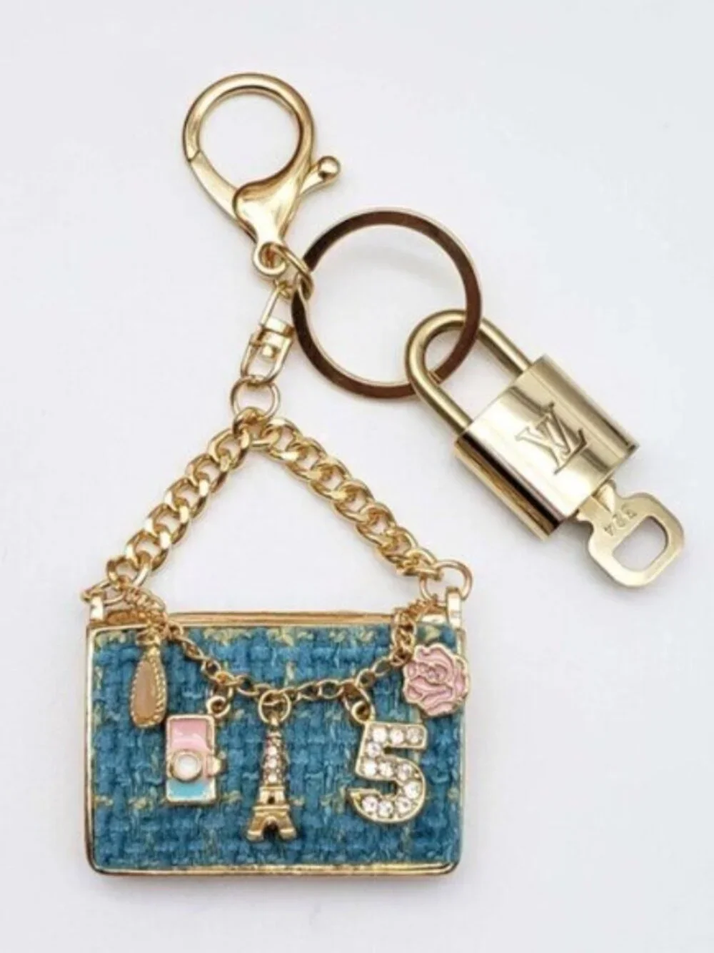 Authentic Louis Vuitton Padlock & Key Gold ✨Unbranded Tweed Bag Charm Keychain